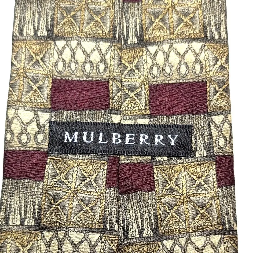 Mulberry Burgundy and Gold Patterned Italian Silk Tie